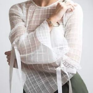 Topshop Sheer White Grid Mesh Flounce Sleeve Blouse